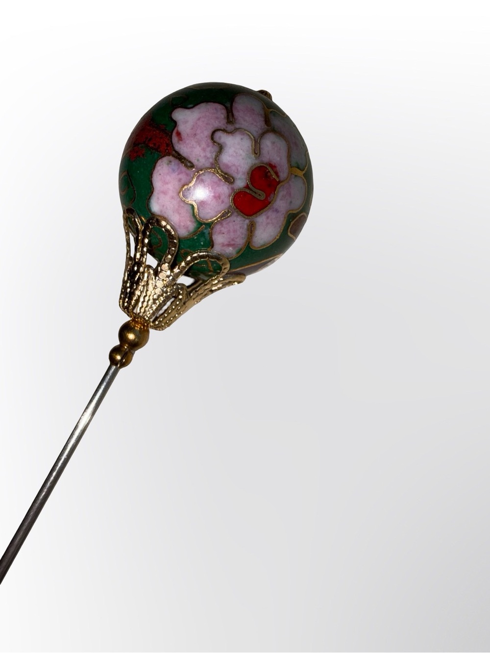 Vintage Chinese Cloisonné Floral Hat Pin Pink Green Enamel Gold Tone - Picture 8 of 9